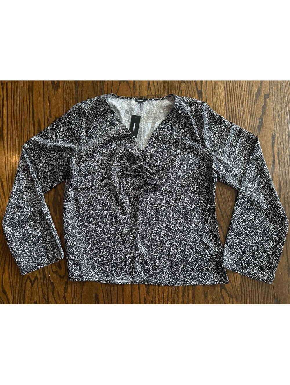 Express Womens L Black White Speckled Tie Front V Neck Long Sleeve Blouse NWT
